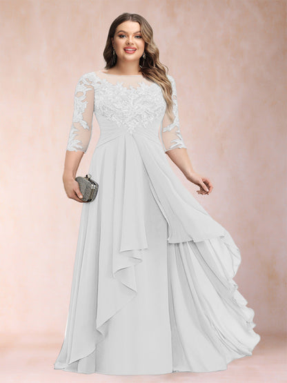 A-Line/Princess Scoop 3/4 Sleeves Chiffon Plus Size Mother of the Bride Dresses with Appliques & Ruffles