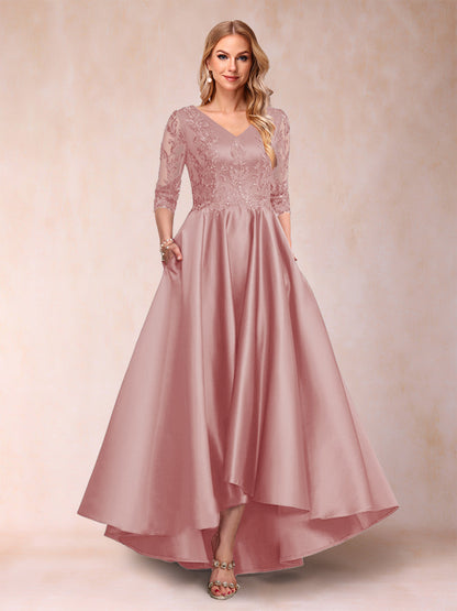 A-Line/Princess V-Neck 3/4 Sleeves Asymmetrical Mother of the Bride Dresses with Appliques