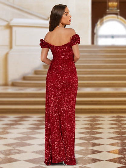 Sheath/Column Off-the-Shoulder Floor-Length Ruched Formal Dresses with Side Slit