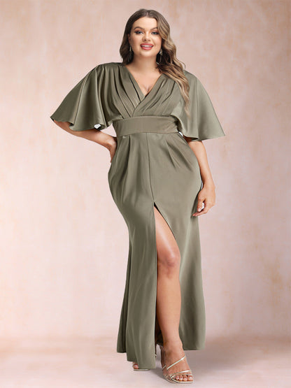 Sheath/Column V-Neck Short Sleeves Silk Satin Plus Size Evening Dresses with Split Side