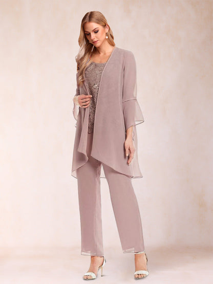 Chiffon Scoop Long Sleeves 3 Pieces Pantsuits with Applique & Jacket