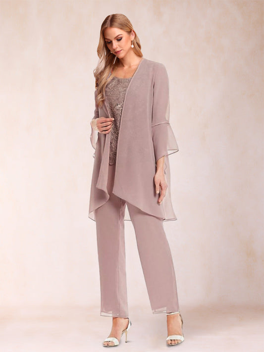 Chiffon Scoop Long Sleeves 3 Pieces Pantsuits with Applique & Jacket