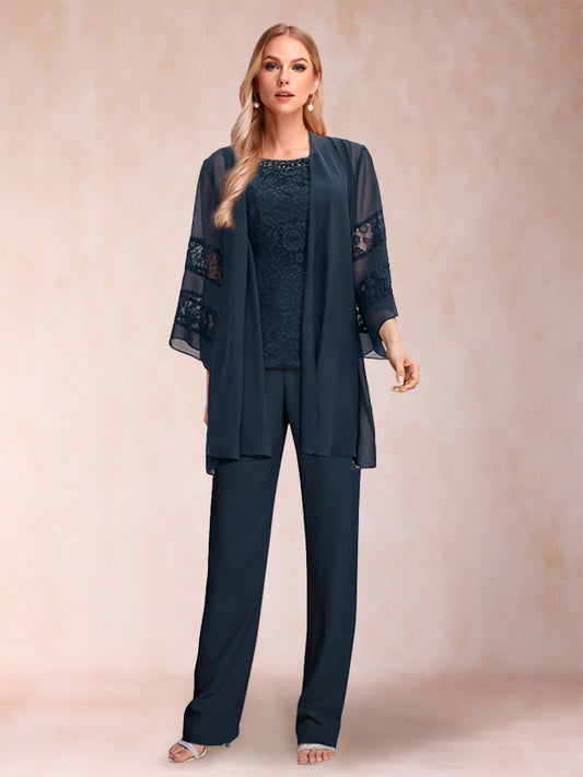 Chiffon Scoop Long Sleeves 3 Pieces Pantsuits with Applique & Jacket