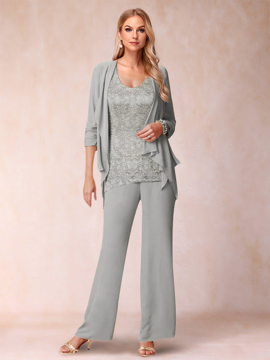 Chiffon Scoop Long Sleeves 3 Pieces Pantsuits with Ruched & Jacket