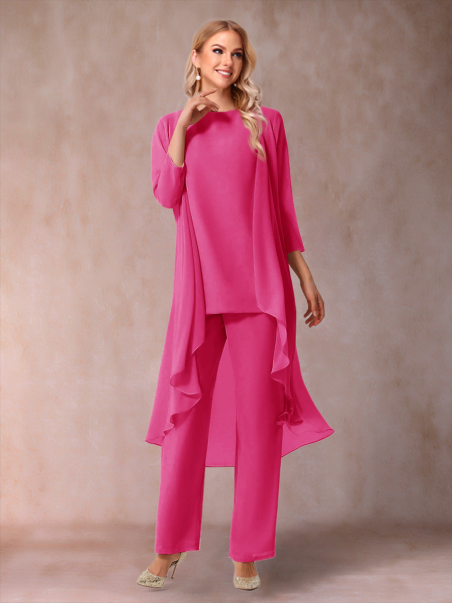 Chiffon Scoop 3/4 Sleeves 3 Pieces Pantsuits with Ruched & Jacket