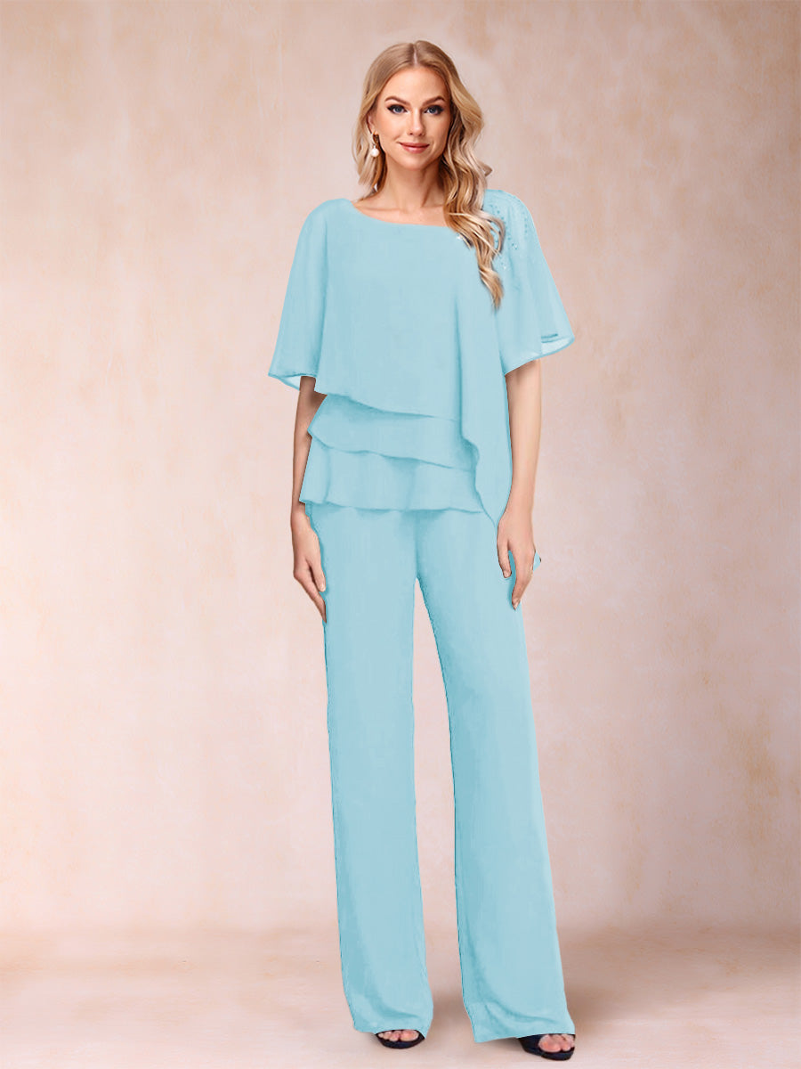 Chiffon V-Neck Half Sleeves 2 Pieces Pantsuits with Rhinestone