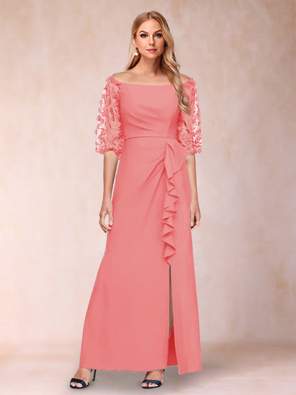 Sheath/Column Off-the-Shoulder Half Sleeves Mother of the Bride Dresses with Applique