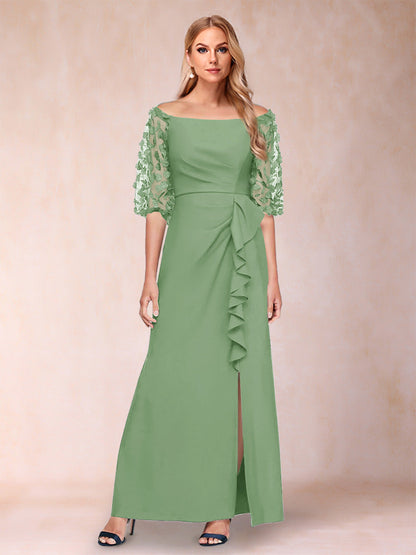 Sheath/Column Off-the-Shoulder Half Sleeves Mother of the Bride Dresses with Applique