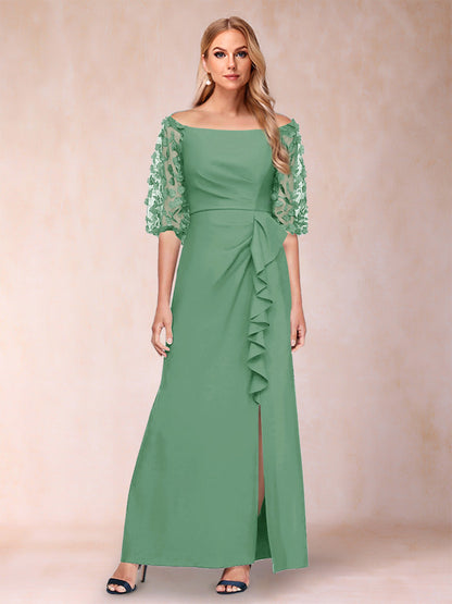 Sheath/Column Off-the-Shoulder Half Sleeves Mother of the Bride Dresses with Applique