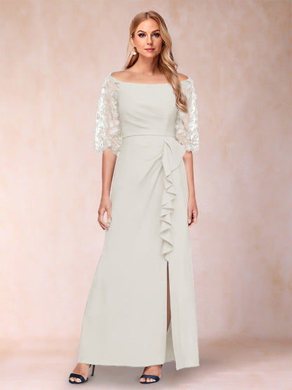 Sheath/Column Off-the-Shoulder Half Sleeves Mother of the Bride Dresses with Applique