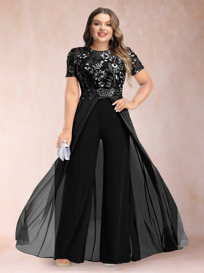 A-Line/Princess Scoop Short Sleeves 2 Pieces Plus Size Mother of the Bride Pantsuits with Applique