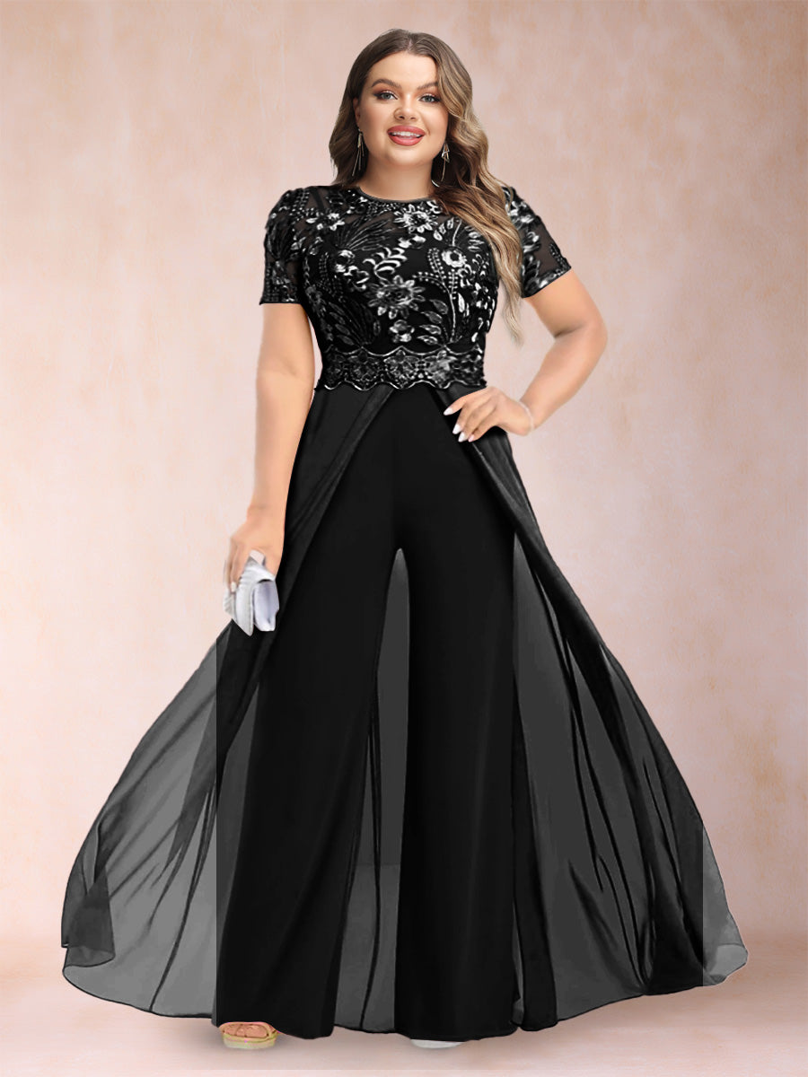 A-Line/Princess Scoop Short Sleeves 2 Pieces Plus Size Mother of the Bride Pantsuits with Applique