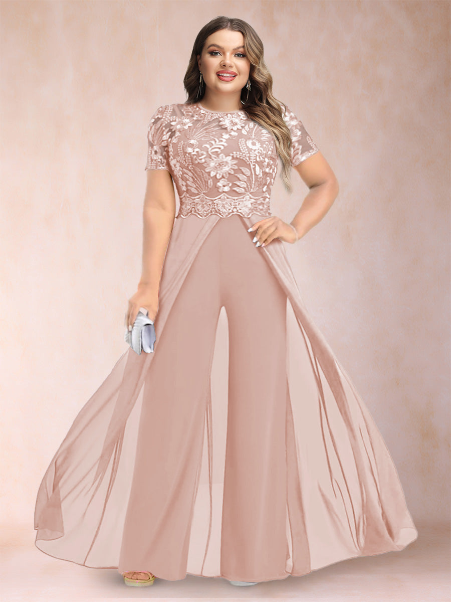 A-Line/Princess Scoop Short Sleeves 2 Pieces Plus Size Mother of the Bride Pantsuits with Applique