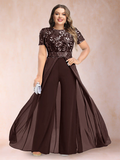 A-Line/Princess Scoop Short Sleeves 2 Pieces Plus Size Mother of the Bride Pantsuits with Applique