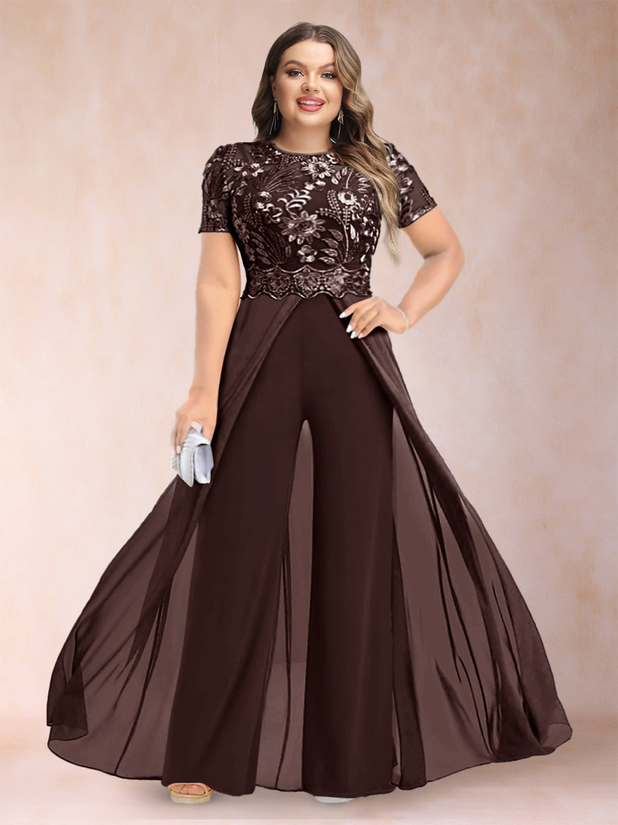 A-Line/Princess Scoop Short Sleeves 2 Pieces Plus Size Mother of the Bride Pantsuits with Applique