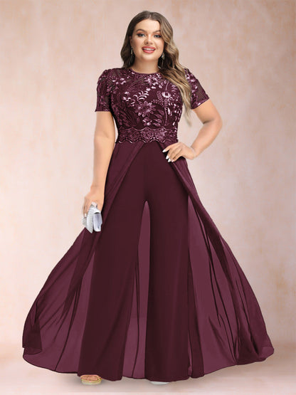 A-Line/Princess Scoop Short Sleeves 2 Pieces Plus Size Mother of the Bride Pantsuits with Applique