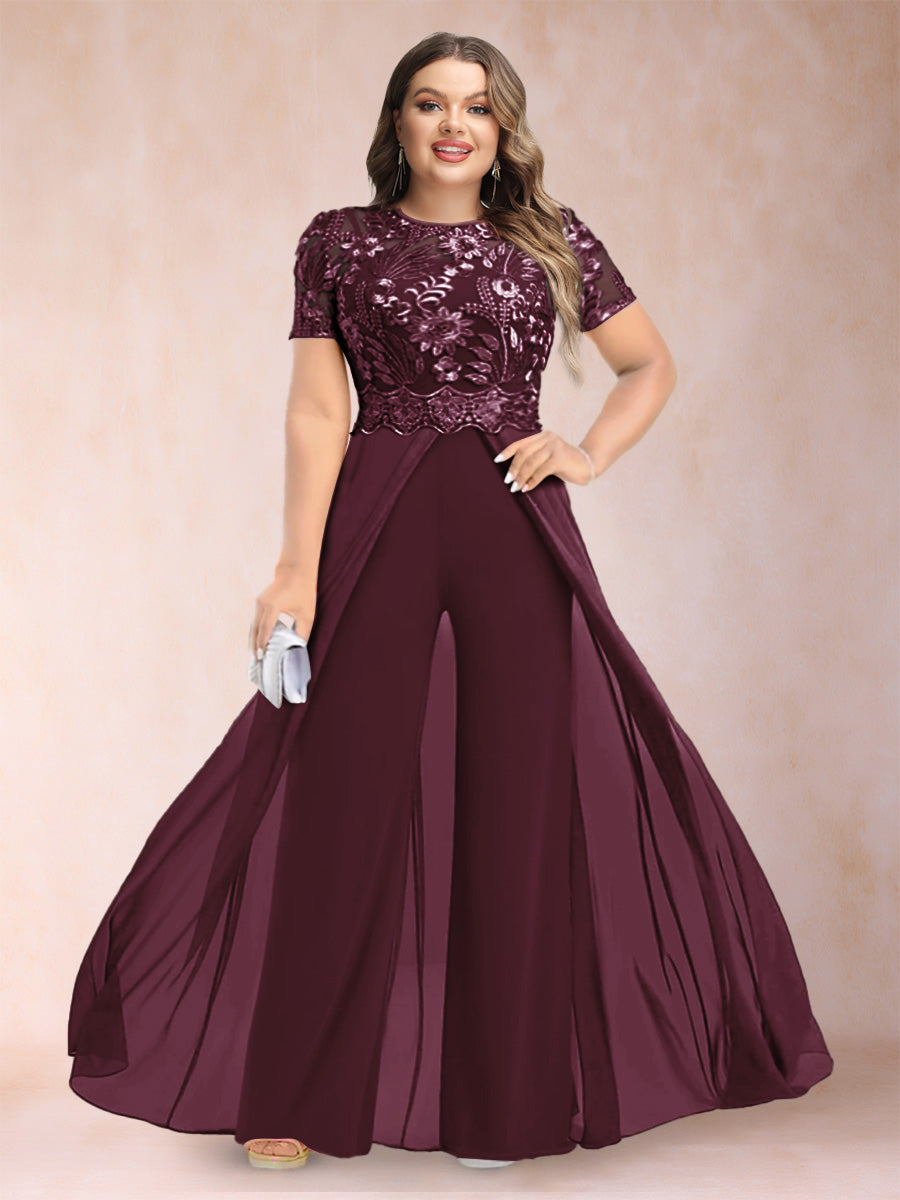 A-Line/Princess Scoop Short Sleeves 2 Pieces Plus Size Mother of the Bride Pantsuits with Applique