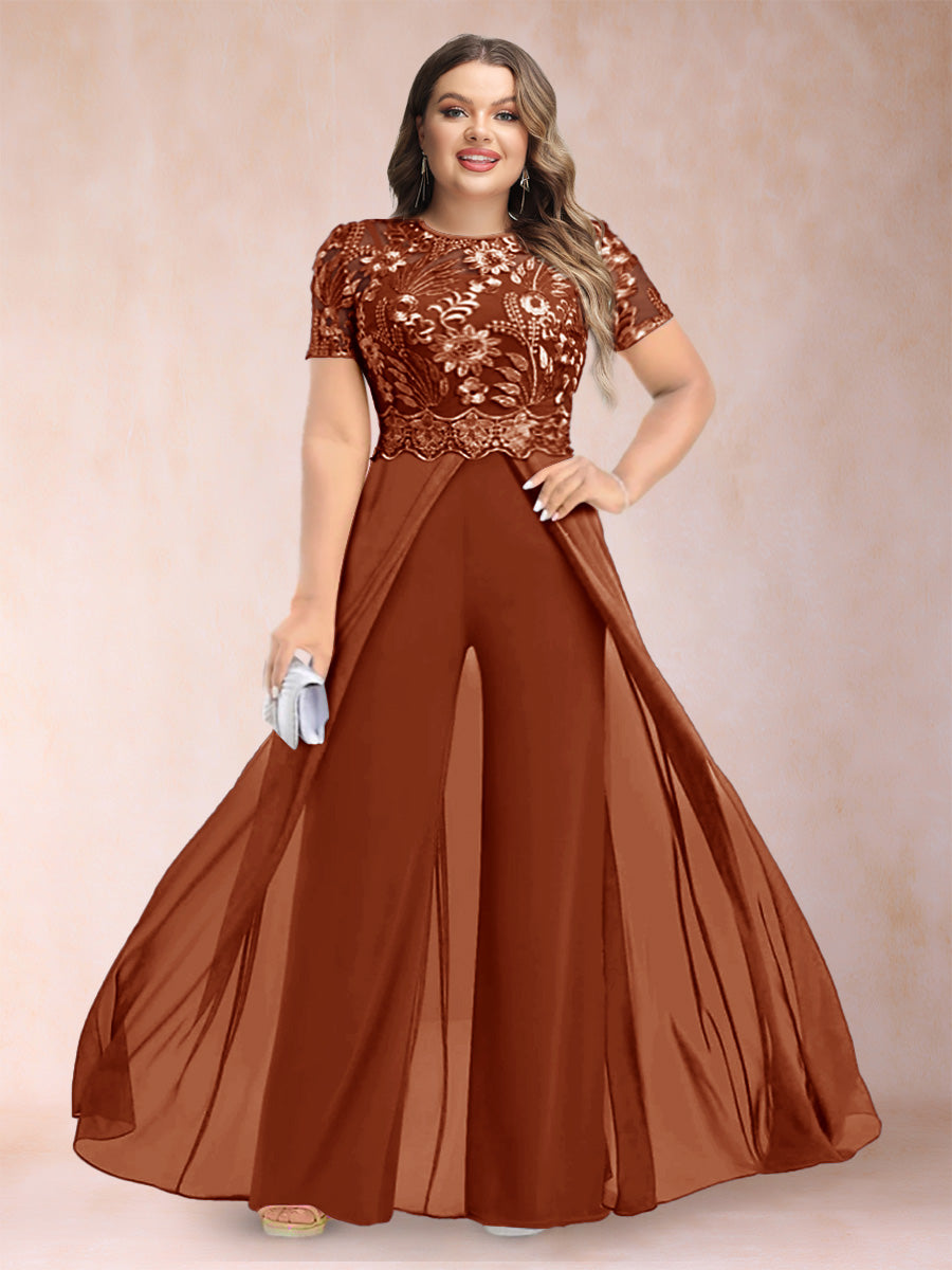 A-Line/Princess Scoop Short Sleeves 2 Pieces Plus Size Mother of the Bride Pantsuits with Applique