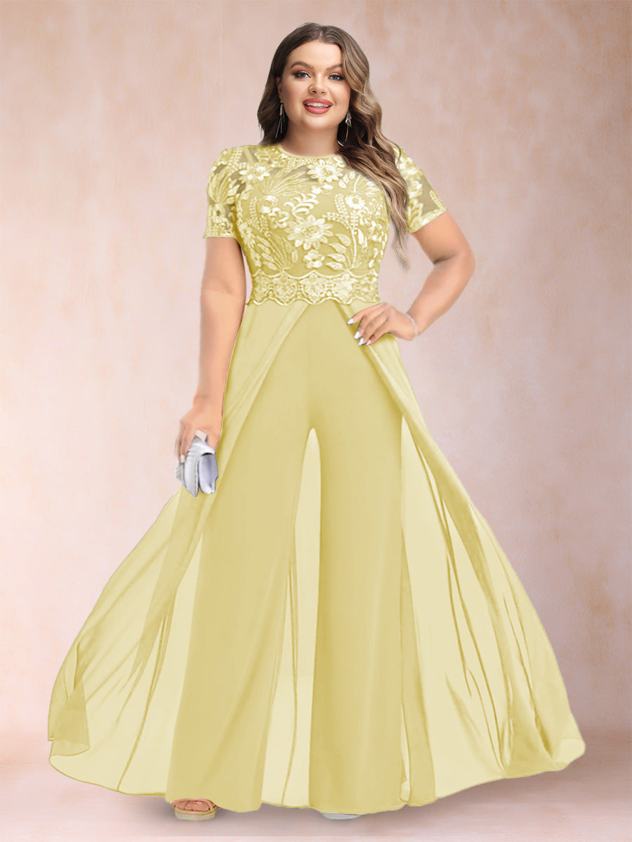 A-Line/Princess Scoop Short Sleeves 2 Pieces Plus Size Mother of the Bride Pantsuits with Applique