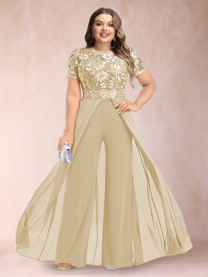 A-Line/Princess Scoop Short Sleeves 2 Pieces Plus Size Mother of the Bride Pantsuits with Applique