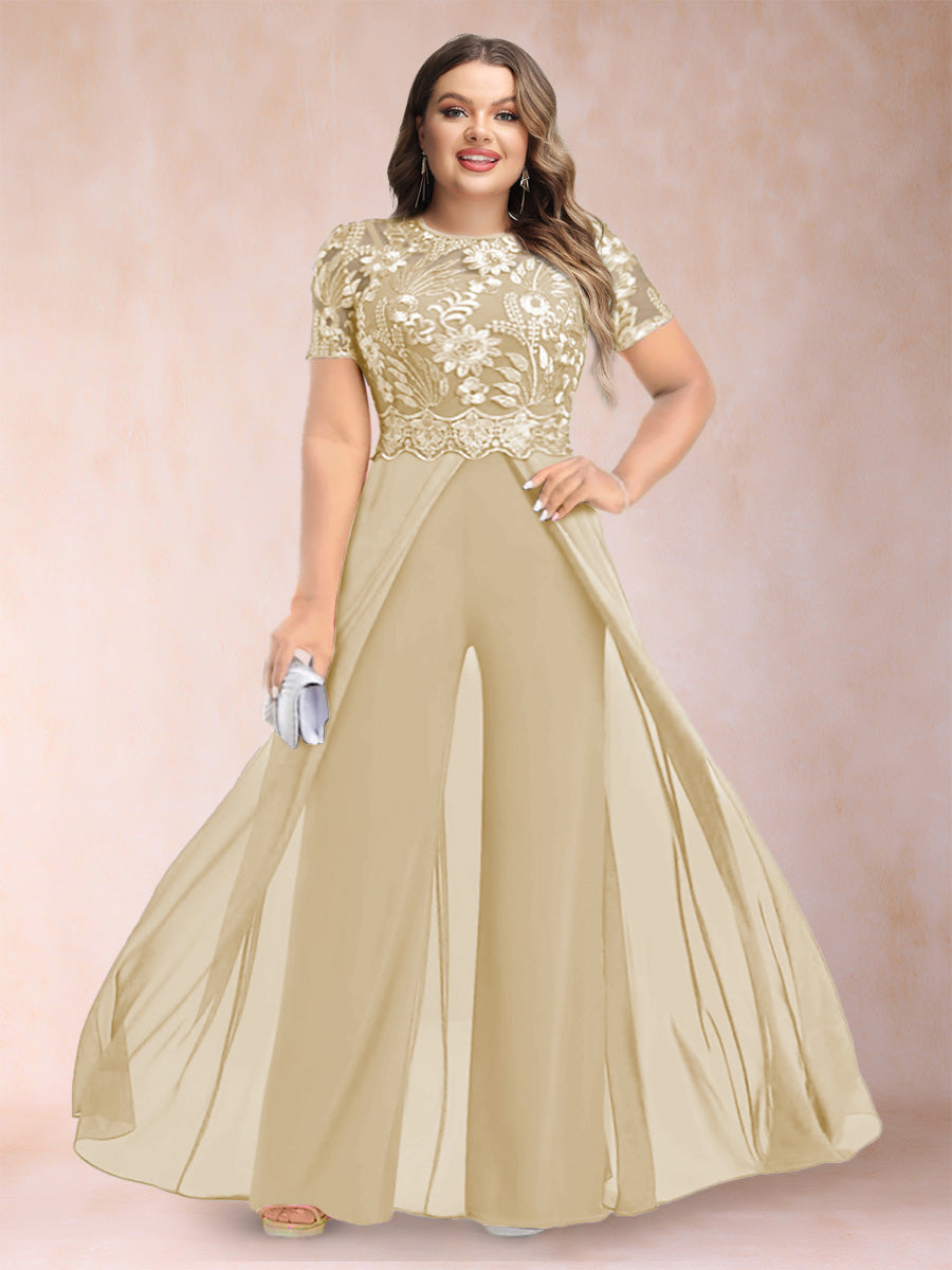 A-Line/Princess Scoop Short Sleeves 2 Pieces Plus Size Mother of the Bride Pantsuits with Applique
