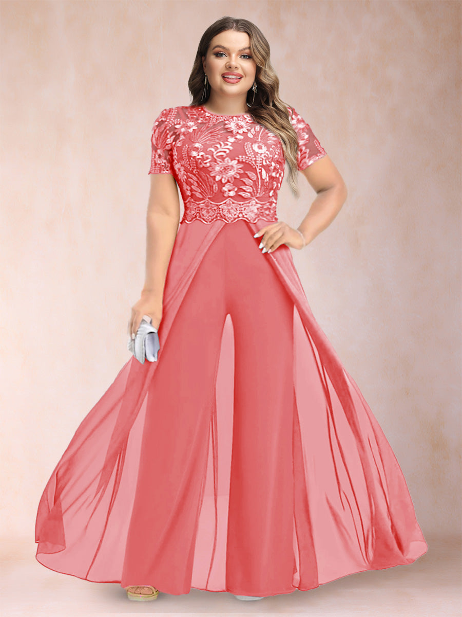 A-Line/Princess Scoop Short Sleeves 2 Pieces Plus Size Mother of the Bride Pantsuits with Applique