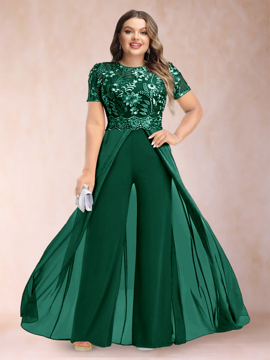 A-Line/Princess Scoop Short Sleeves 2 Pieces Plus Size Mother of the Bride Pantsuits with Applique