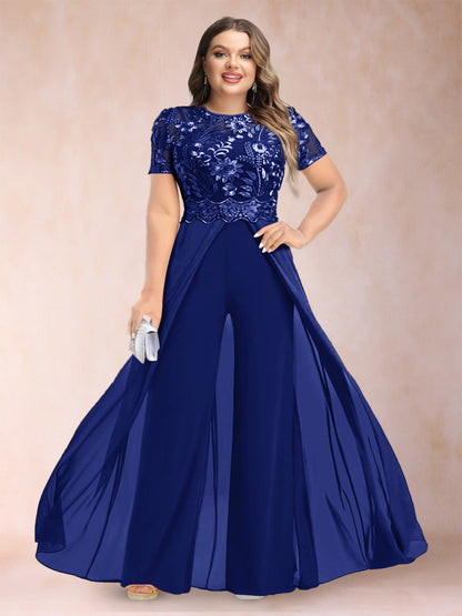 A-Line/Princess Scoop Short Sleeves 2 Pieces Plus Size Mother of the Bride Pantsuits with Applique
