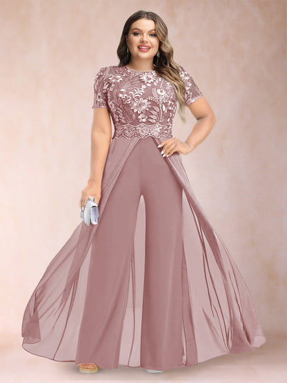 A-Line/Princess Scoop Short Sleeves 2 Pieces Plus Size Mother of the Bride Pantsuits with Applique