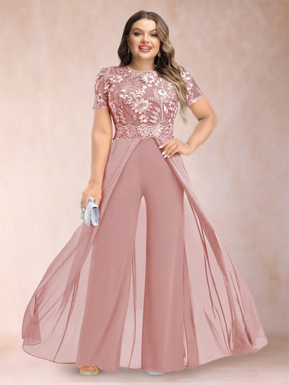 A-Line/Princess Scoop Short Sleeves 2 Pieces Plus Size Mother of the Bride Pantsuits with Applique