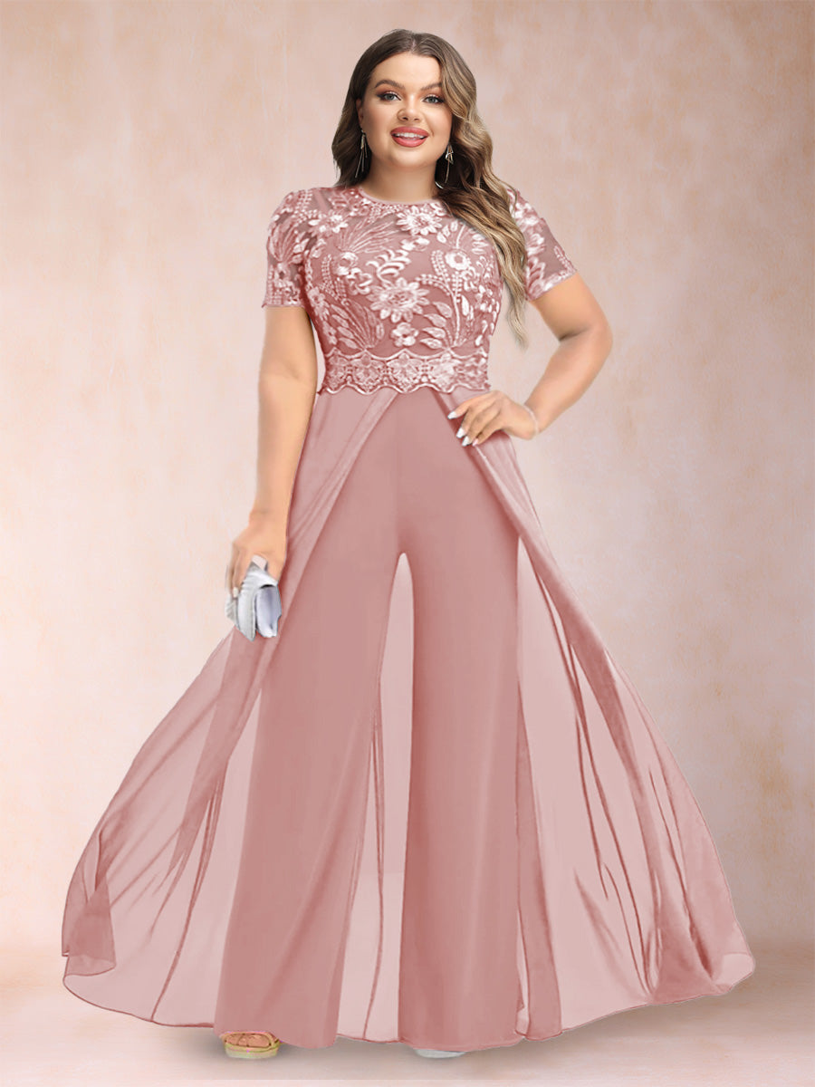 A-Line/Princess Scoop Short Sleeves 2 Pieces Plus Size Mother of the Bride Pantsuits with Applique