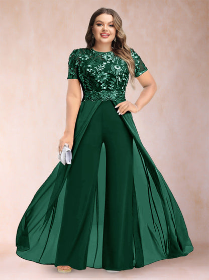A-Line/Princess Scoop Short Sleeves 2 Pieces Plus Size Mother of the Bride Pantsuits with Applique
