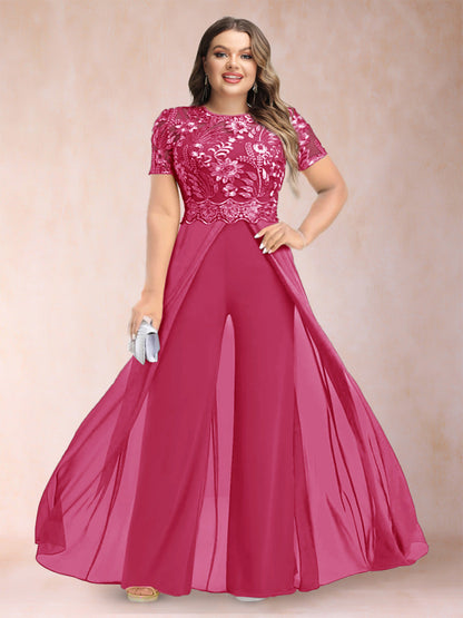 A-Line/Princess Scoop Short Sleeves 2 Pieces Plus Size Mother of the Bride Pantsuits with Applique