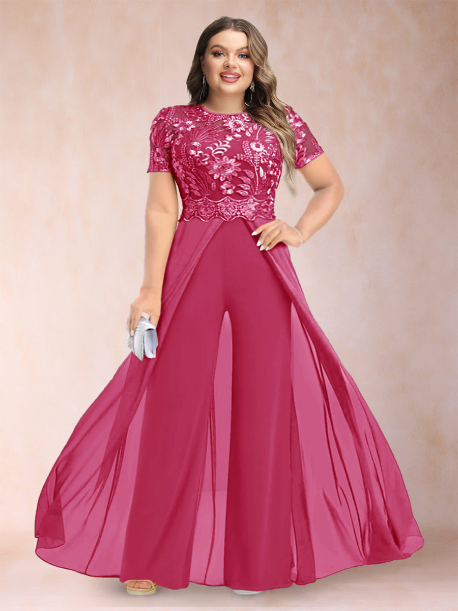 A-Line/Princess Scoop Short Sleeves 2 Pieces Plus Size Mother of the Bride Pantsuits with Applique