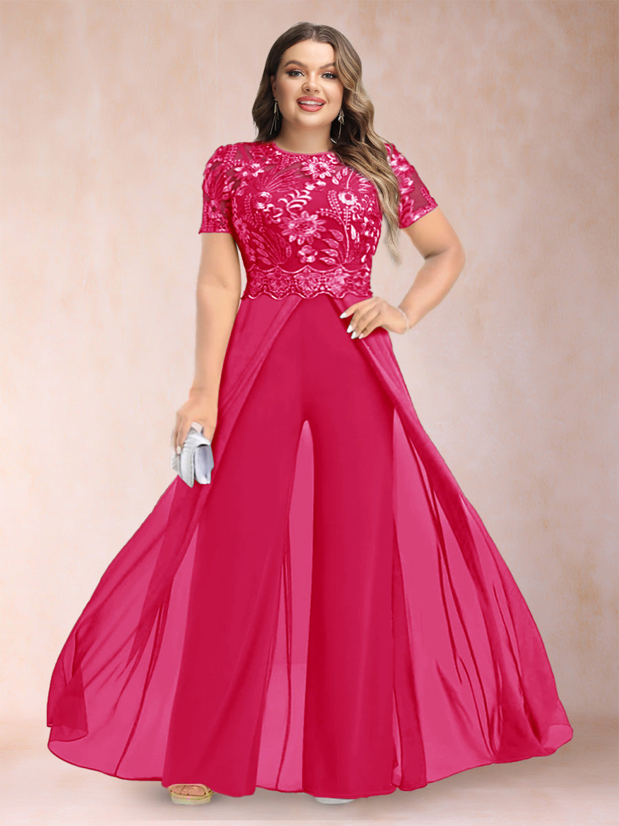 A-Line/Princess Scoop Short Sleeves 2 Pieces Plus Size Mother of the Bride Pantsuits with Applique
