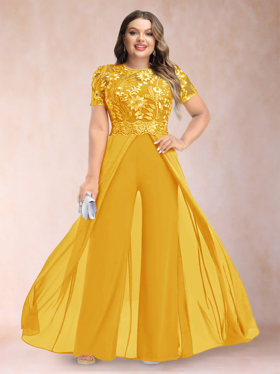 A-Line/Princess Scoop Short Sleeves 2 Pieces Plus Size Mother of the Bride Pantsuits with Applique