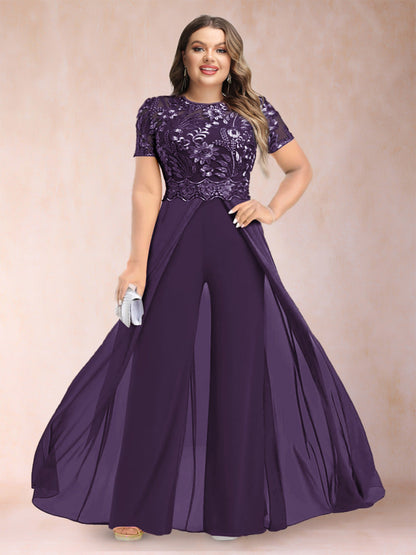 A-Line/Princess Scoop Short Sleeves 2 Pieces Plus Size Mother of the Bride Pantsuits with Applique