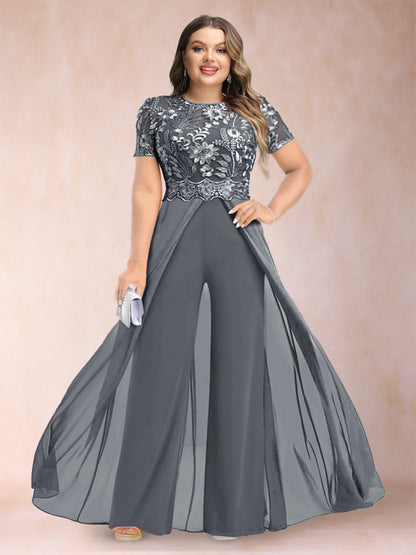 A-Line/Princess Scoop Short Sleeves 2 Pieces Plus Size Mother of the Bride Pantsuits with Applique