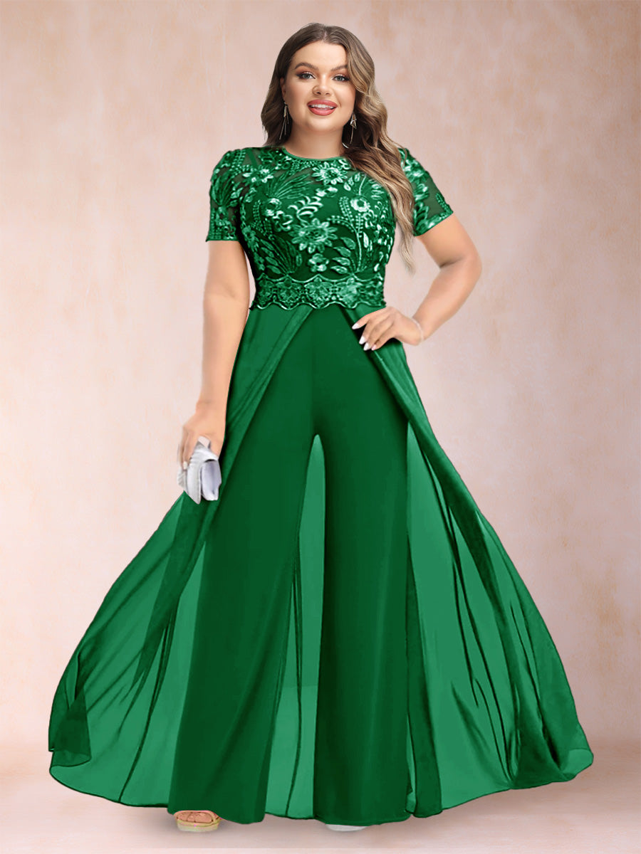 A-Line/Princess Scoop Short Sleeves 2 Pieces Plus Size Mother of the Bride Pantsuits with Applique