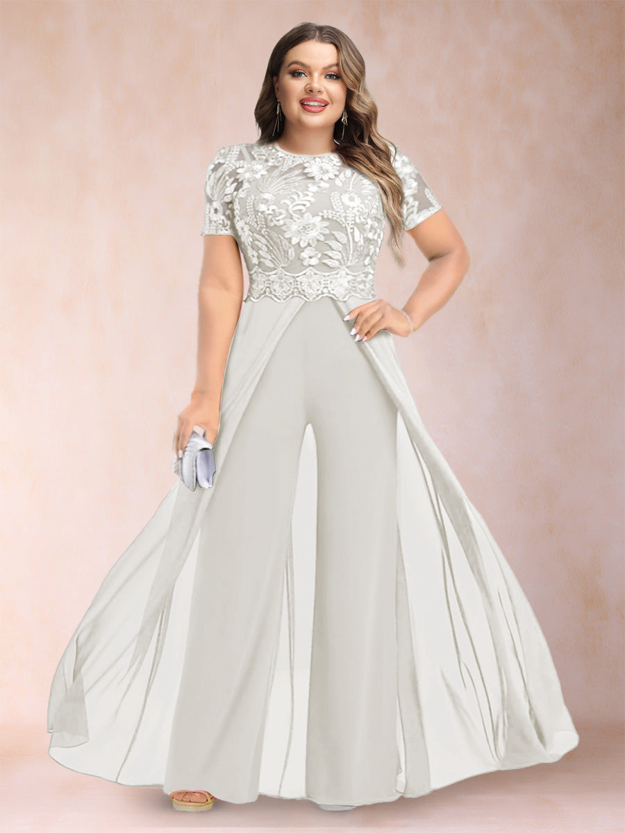 A-Line/Princess Scoop Short Sleeves 2 Pieces Plus Size Mother of the Bride Pantsuits with Applique