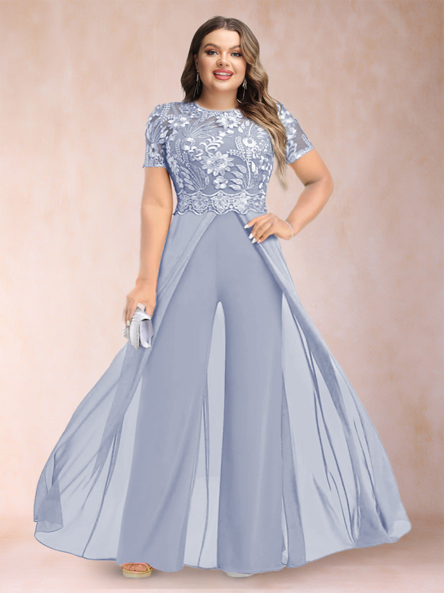 A-Line/Princess Scoop Short Sleeves 2 Pieces Plus Size Mother of the Bride Pantsuits with Applique