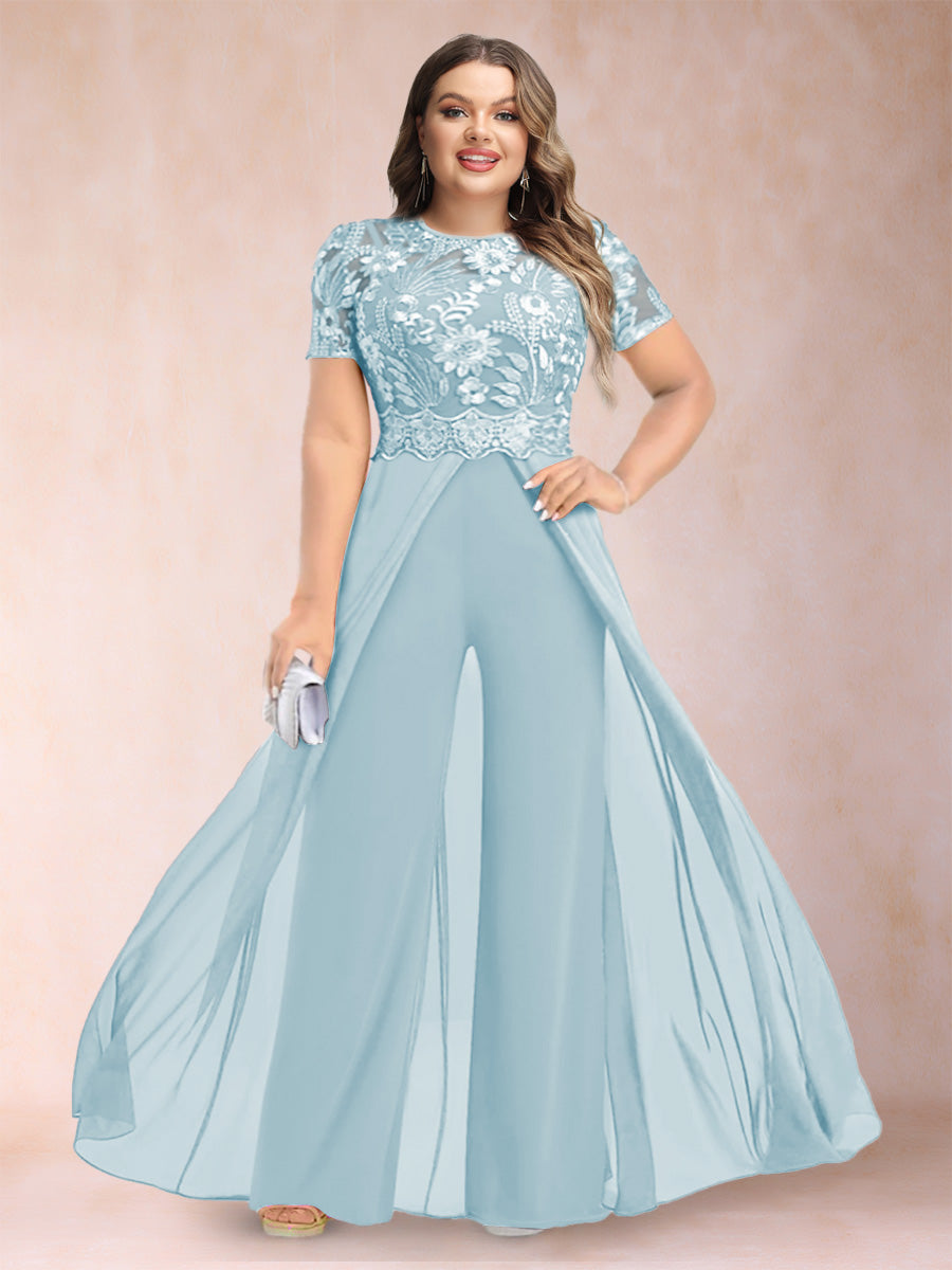 A-Line/Princess Scoop Short Sleeves 2 Pieces Plus Size Mother of the Bride Pantsuits with Applique