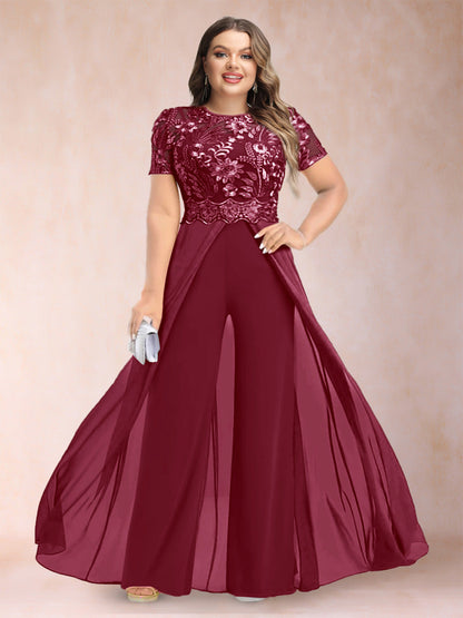 A-Line/Princess Scoop Short Sleeves 2 Pieces Plus Size Mother of the Bride Pantsuits with Applique