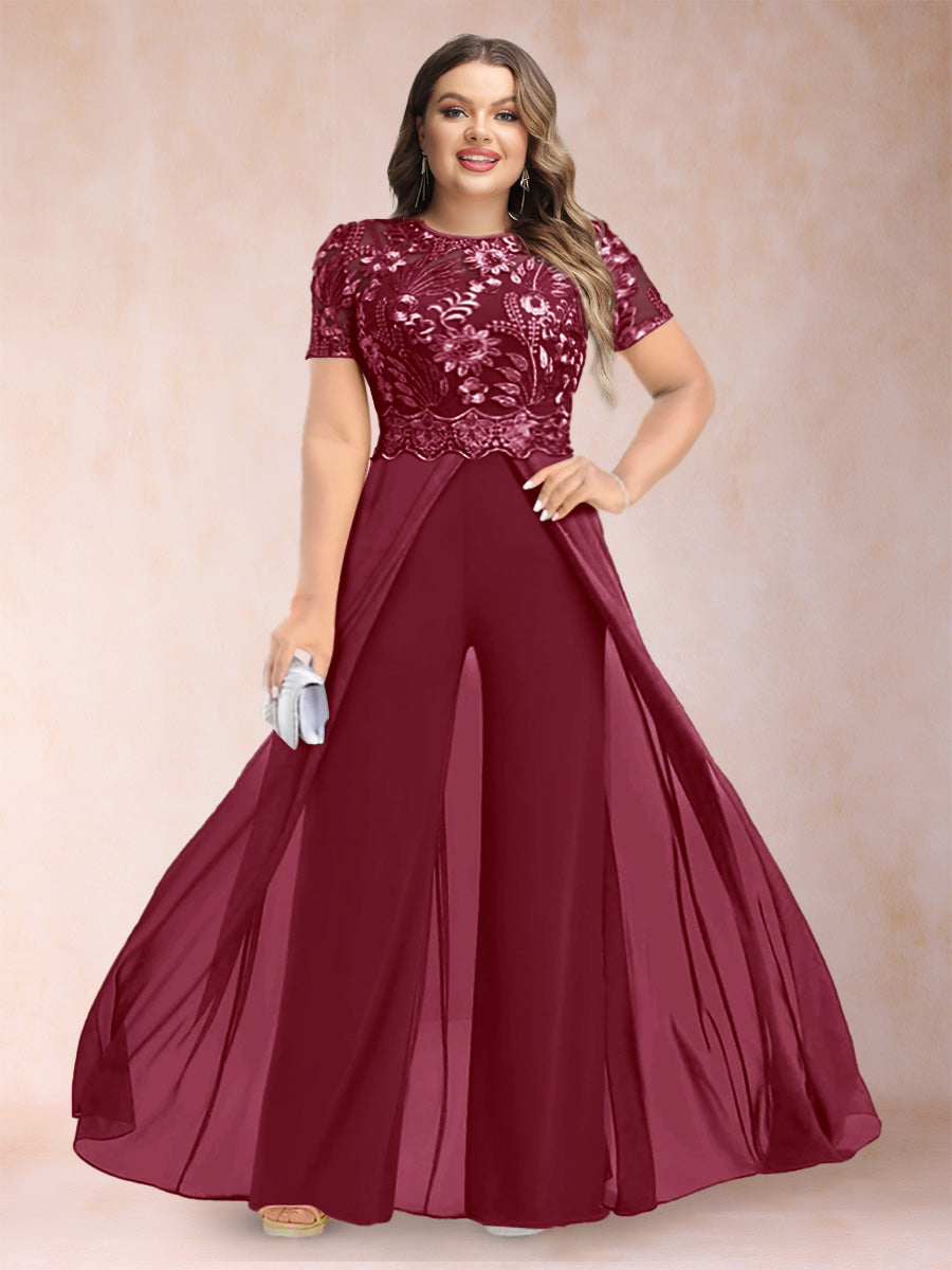 A-Line/Princess Scoop Short Sleeves 2 Pieces Plus Size Mother of the Bride Pantsuits with Applique