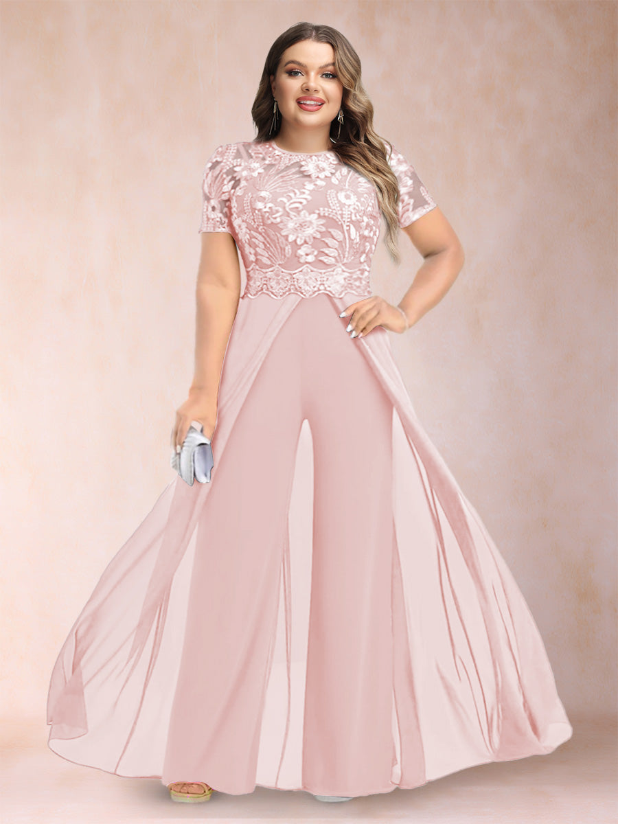 A-Line/Princess Scoop Short Sleeves 2 Pieces Plus Size Mother of the Bride Pantsuits with Applique