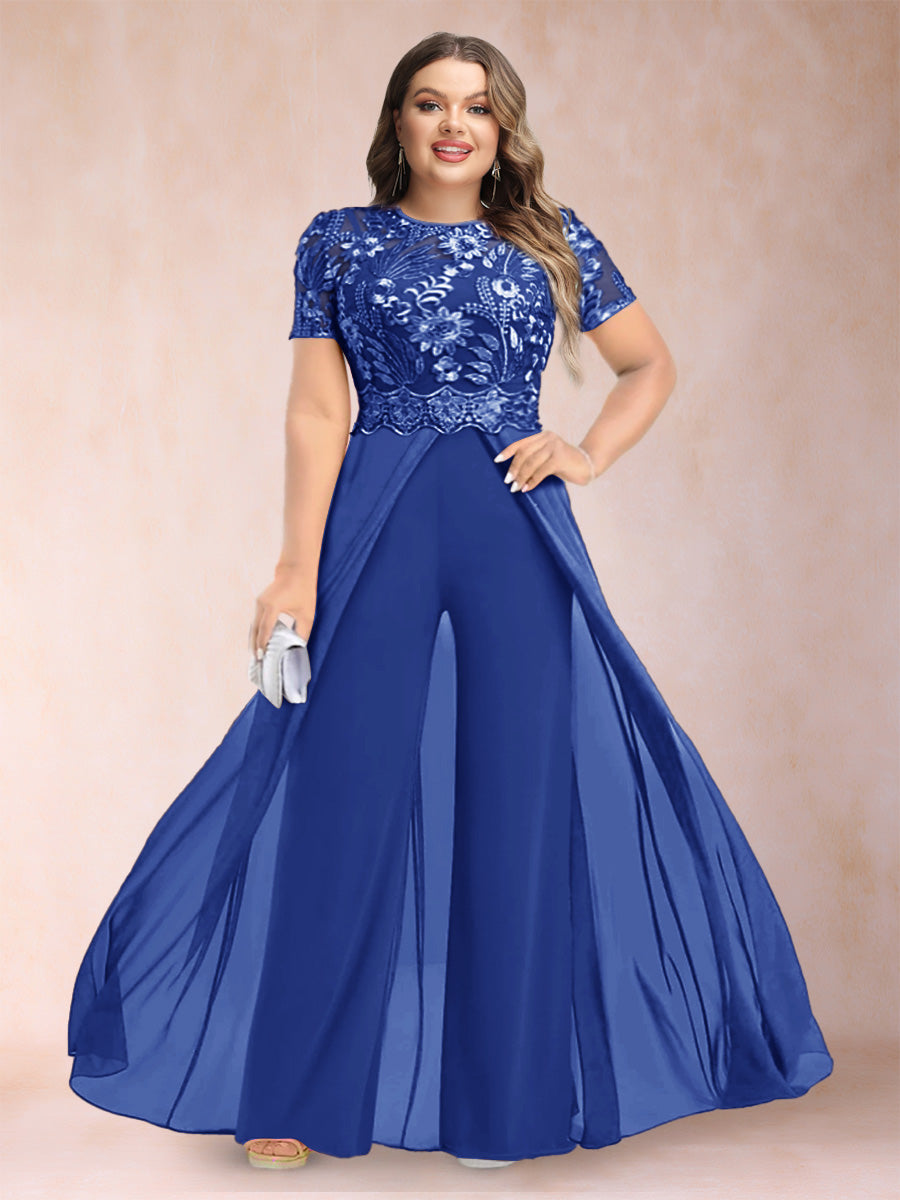A-Line/Princess Scoop Short Sleeves 2 Pieces Plus Size Mother of the Bride Pantsuits with Applique