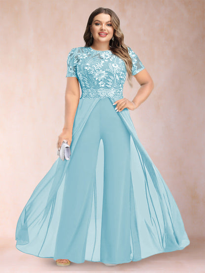 A-Line/Princess Scoop Short Sleeves 2 Pieces Plus Size Mother of the Bride Pantsuits with Applique