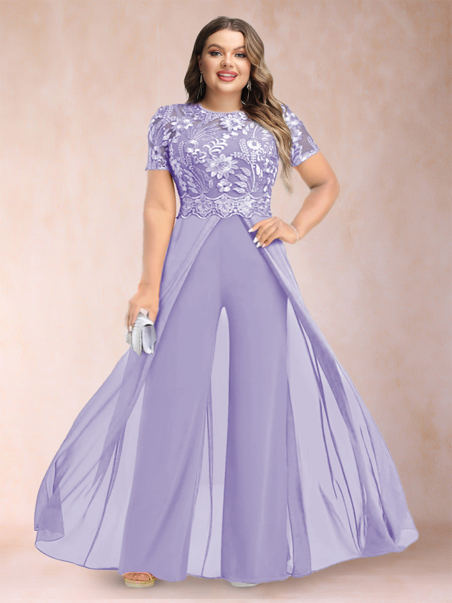 A-Line/Princess Scoop Short Sleeves 2 Pieces Plus Size Mother of the Bride Pantsuits with Applique