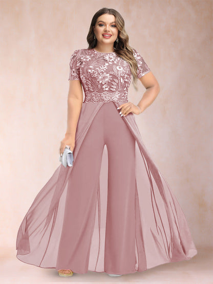 A-Line/Princess Scoop Short Sleeves 2 Pieces Plus Size Mother of the Bride Pantsuits with Applique