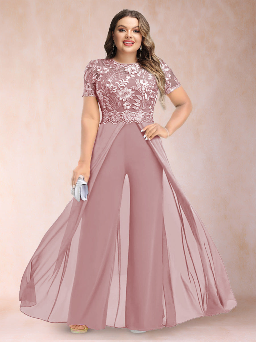 A-Line/Princess Scoop Short Sleeves 2 Pieces Plus Size Mother of the Bride Pantsuits with Applique